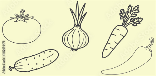 Outline drawing of tomato onion carrot cucumber and chili pepper on a light background