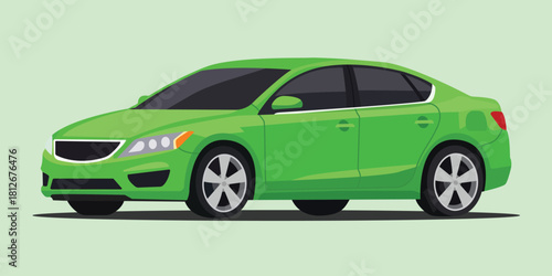 Illustration of a green sedan car with black windows and silver wheels on light green