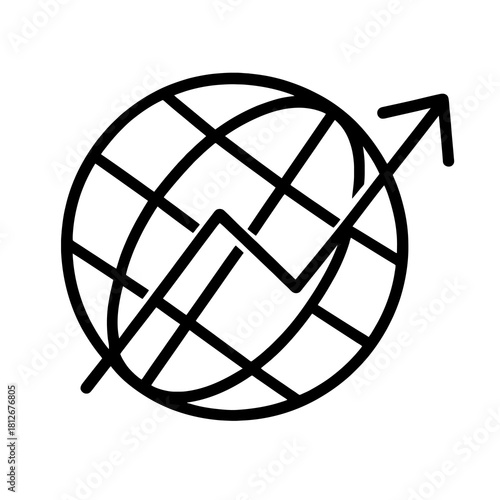 Thin-line globe with rising trend arrow icon, slightly angled, transparent PNG, ideal for visuals on global performance, international growth metrics and worldwide business improvement.