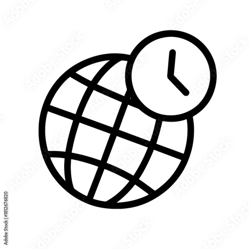 Thin-line globe with integrated clock icon, slightly angled, transparent PNG, ideal for visuals about global time coordination, international scheduling and worldwide operations.