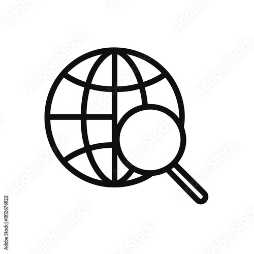 Thin-line globe with magnifying glass icon, slightly angled, transparent PNG, ideal for visuals about global research, international analysis and worldwide exploration.
