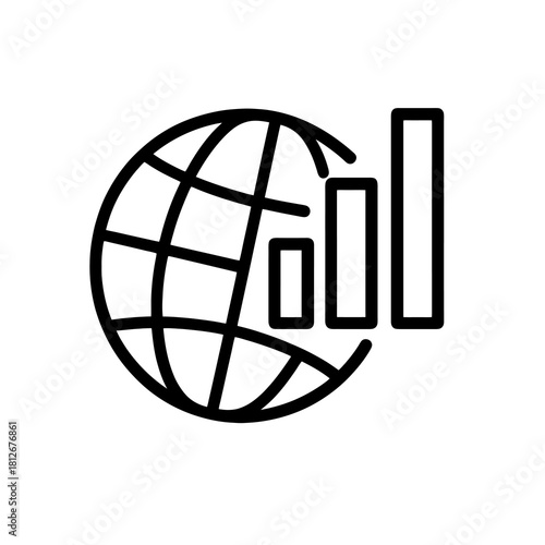 Thin-line globe with rising bar icons, slightly angled, transparent PNG, ideal for visuals about global development, international growth metrics and scalable worldwide progress.