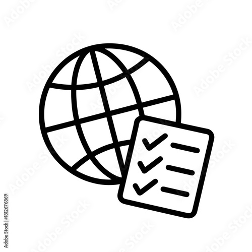 Thin-line globe with compliance checklist icon, slightly angled, transparent PNG, ideal for visuals about international standards, global quality assurance and worldwide regulatory alignment.
