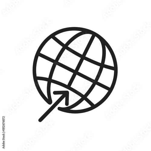 Thin-line globe with upward arrow icon, slightly angled, transparent PNG, ideal for visuals about global growth, international progress and worldwide innovation strategies.