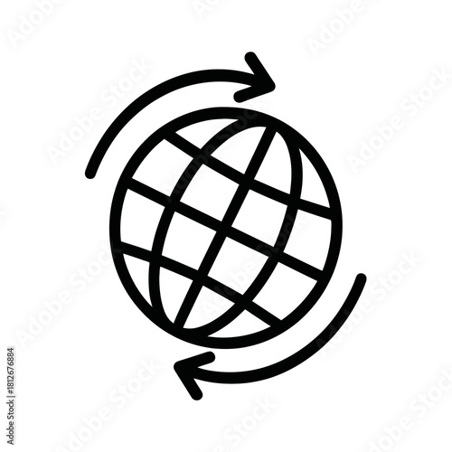Thin-line globe with bidirectional arrows icon, slightly angled, transparent PNG, ideal for visuals on international communication, global collaboration and worldwide exchange processes.