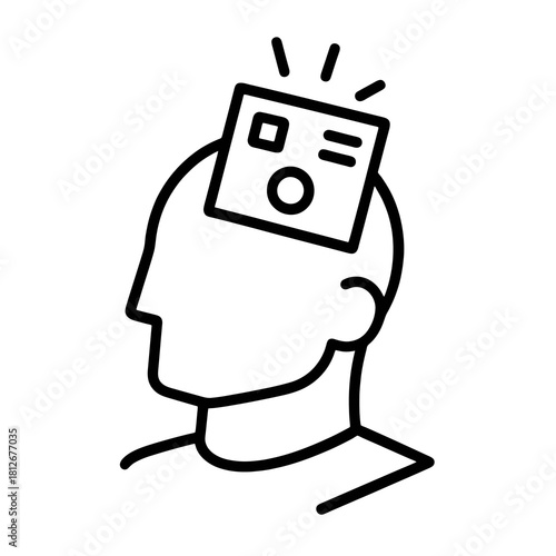 Thin-line humanoid profile with holographic interface icon, slightly angled, transparent PNG, ideal for visuals about AI cognitive enhancement, future human–machine interaction and advanced innovation