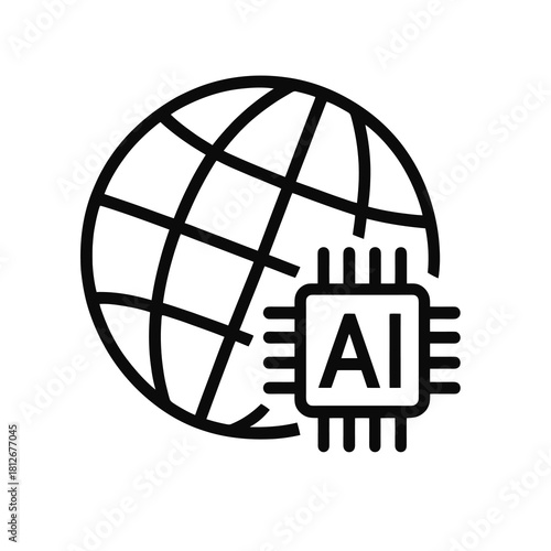 Thin-line AI globe icon with segmented grid pattern, slightly angled, transparent PNG, ideal for visuals on global technology expansion, artificial intelligence networks and futuristic digital systems