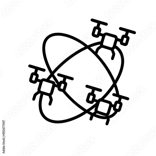 Thin-line drone swarm icon, slightly angled, transparent PNG, ideal for visuals about coordinated robotics, AI automation and futuristic multi-device technology.