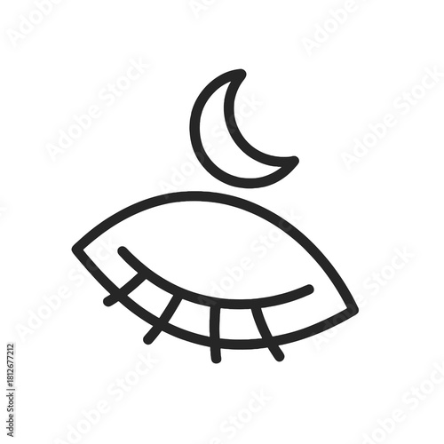 Thin-line partially closed eye with moon icon, slightly angled, transparent PNG, ideal for promoting reduced light exposure before bed to support natural melatonin and insomnia prevention.