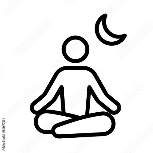 Thin-line meditation icon with moon, slightly angled, transparent PNG, ideal for illustrating relaxation before bed to improve sleep quality and combat chronic insomnia.