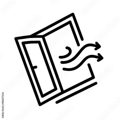 Thin-line open window icon with airflow detail, slightly angled, transparent PNG, ideal for visuals promoting proper bedroom ventilation for better sleep hygiene and insomnia prevention.