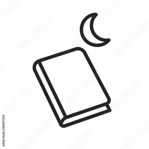 Thin-line closed book with moon icon, slightly angled, transparent PNG, ideal for promoting relaxing reading before sleep to improve rest quality and support insomnia prevention.