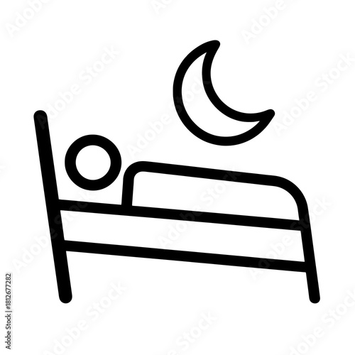 Thin-line bed with moon icon, slightly angled and clean, transparent PNG, ideal for visuals about healthy sleep habits, rest optimization and fighting chronic insomnia.