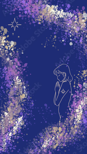 Divine Starry Night Phone Wallpaper – Spiritual Line Art Woman in Prayer