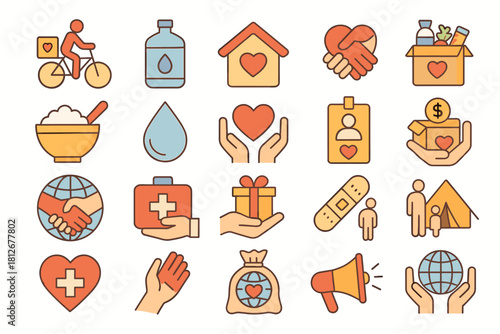 Humanitarian Aid and Charity Icons Set