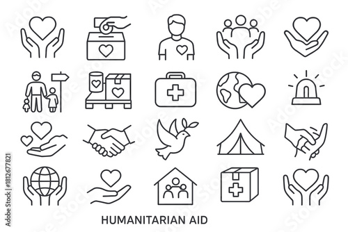 Humanitarian Aid and Relief Line Icons Set