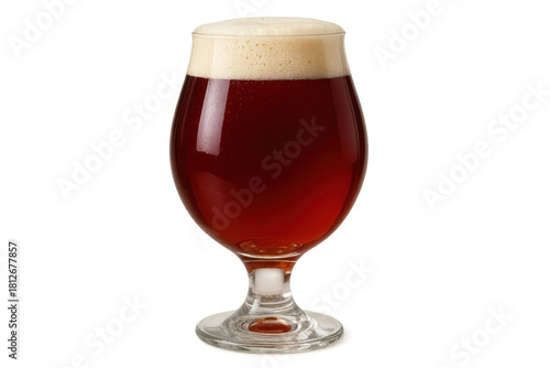 Craft red ale beer glass with frothy foam, refreshing alcoholic drink on transparent background