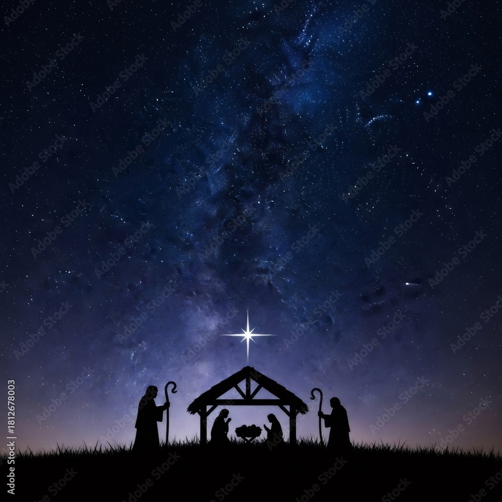 Naklejka premium Silhouette of a Christmas Nativity scene under a starry night sky with bright star of Bethlehem. Christian holiday, religious event.
