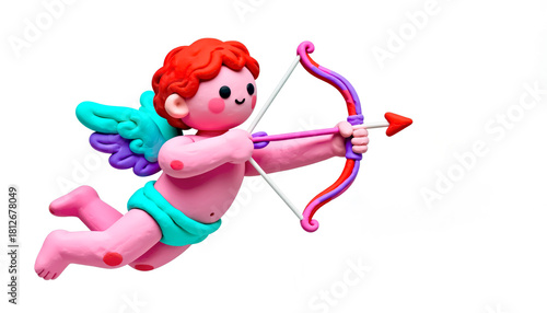 Flying Clay-Like Cupid With Bow  and Arrow, White Isolated Empty Background 