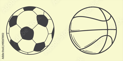 Illustration of a soccer ball with black patches and a basketball with black lines