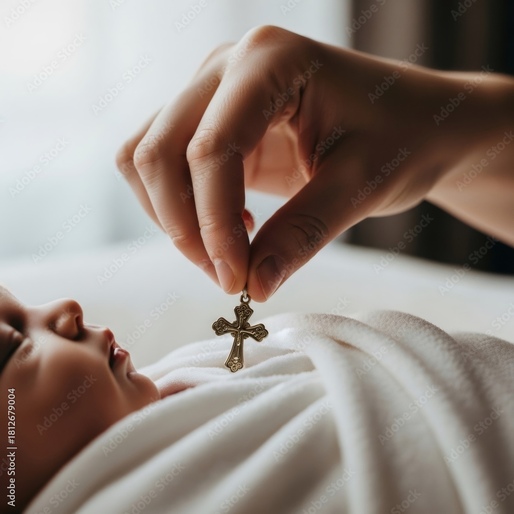 Obraz premium Womans hand holding a golden cross over a sleeping baby. Christian baptism and religious ceremony concept. For greeting card.