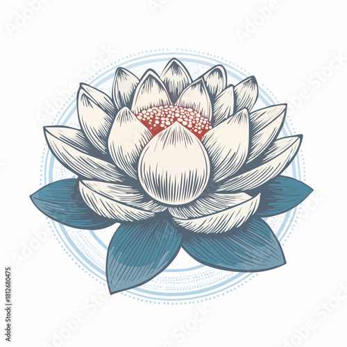 Vintage woodcut vector illustration of a lotus water lily flower with detailed engraved lines, creating an elegant botanical and antique etching aesthetic.