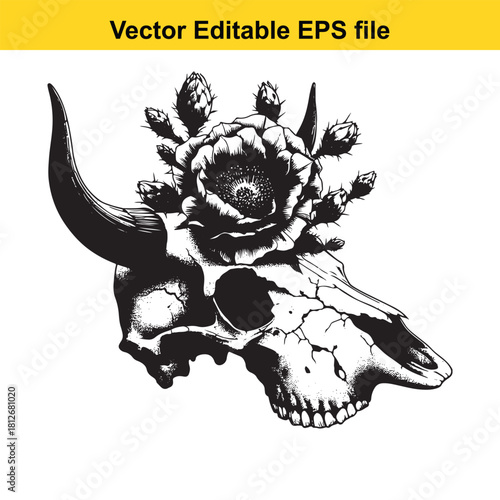 Black and white drawing of a bull skull with flower