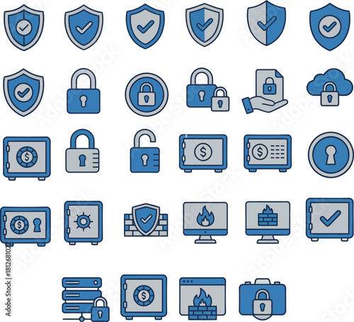 A clean vector set of cyber security icons including shields, locks, safes, cloud security, firewalls, encryption, data protection, login safety and secure access. Perfect for business, IT and technol