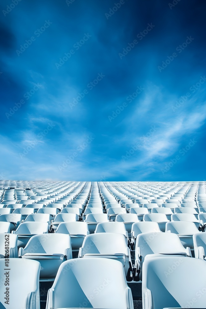 Fototapeta premium Rows of empty white stadium seats under a bright blue sky with clouds
