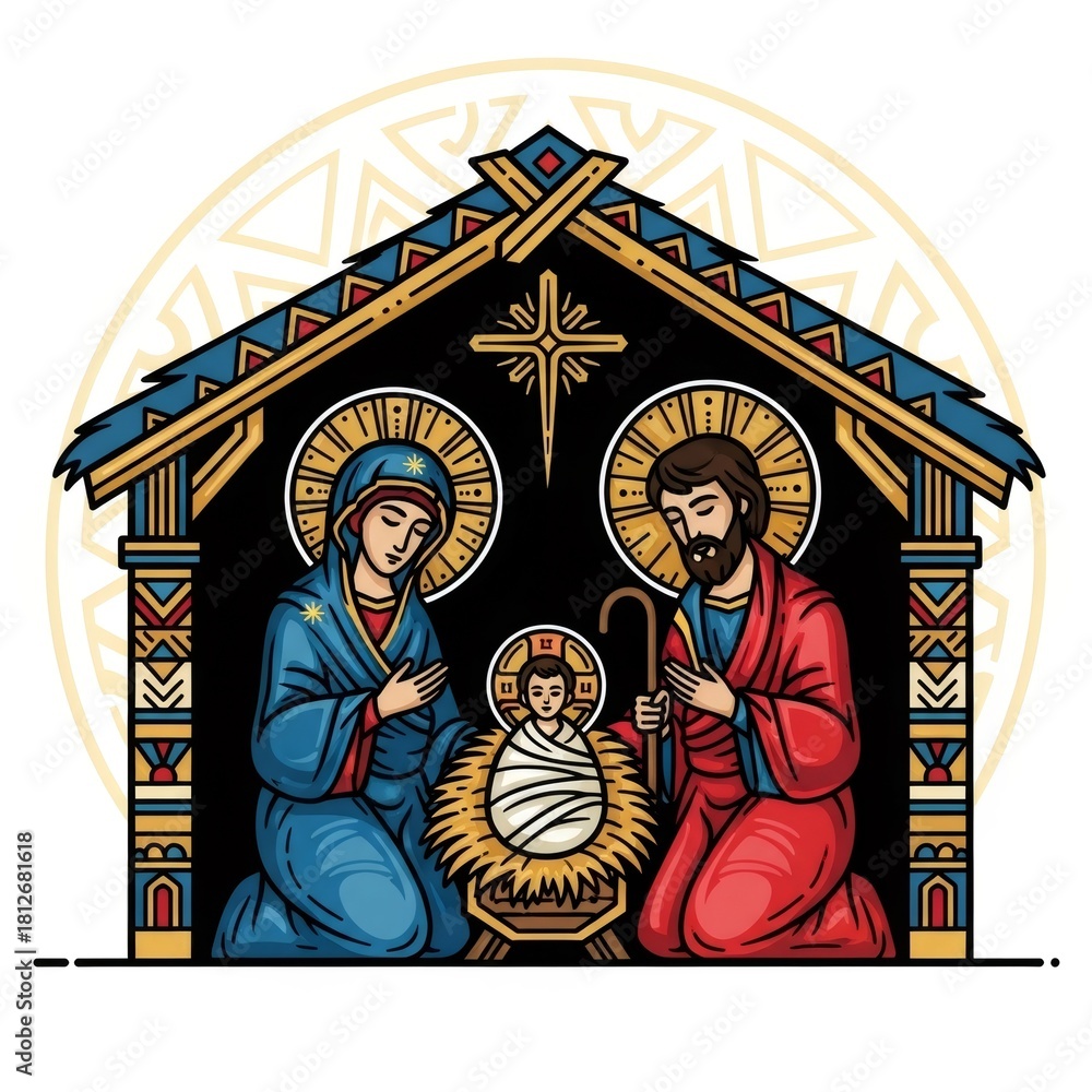 Fototapeta premium Nativity scene with woman mary, man joseph and baby Jesus in a wooden manger. Birth of Christ concept for Christmas and Epiphany holiday.