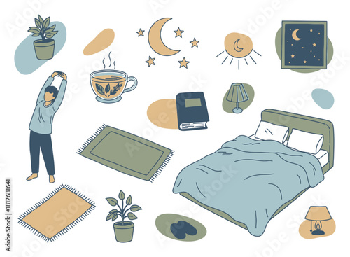 Playful Hand-Drawn Vector Illustration of Sleep Wellness Routine, Organic Shapes, Sketch Style on White Background