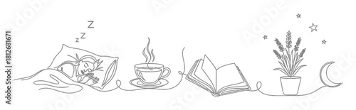 Elegant Single Line Art Illustration of a Sleep Wellness Routine on White Background