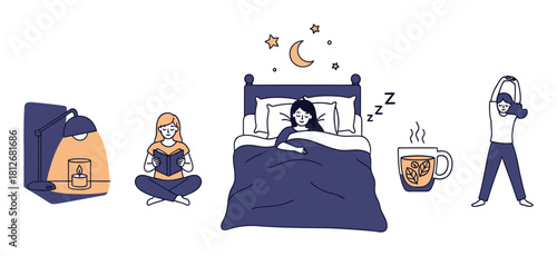 Duotone Vector Illustration of a Modern Sleep Wellness Routine, High Contrast Design