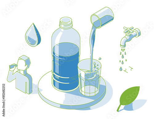 Wallpaper Mural Isometric Hydration Water Drinking - Modern 3D Vector Illustration on White Torontodigital.ca