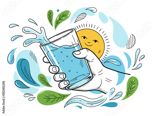 Playful Hand-Drawn Vector Illustration of Hydration and Water Drinking, Organic Shapes