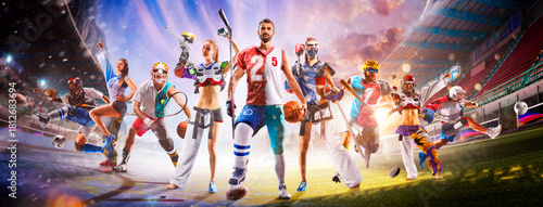 Multi-sport collage depicting various sports and hobbies. A multi-sport background combining various sports. Boxing, basketball, paintball, soccer, football, hockey, cycling, fitness, gymnastics