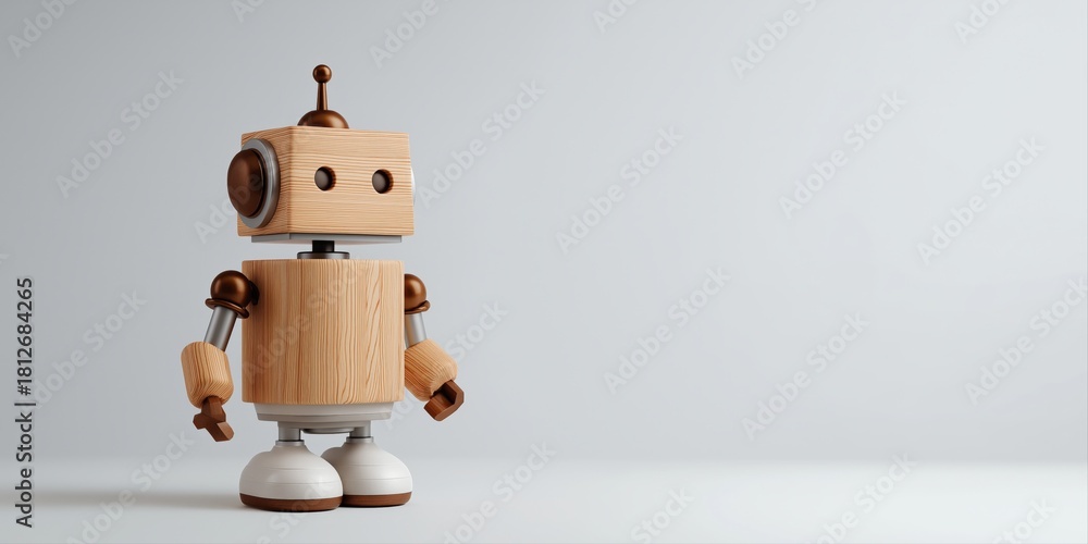 Fototapeta premium Wooden toy robot with metal accents on white background