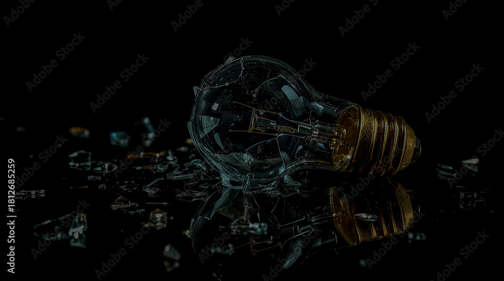 Fototapeta premium A broken incandescent lightbulb lies on a reflective black surface, surrounded by shattered glass fragments. The scene is starkly lit against a dark background.