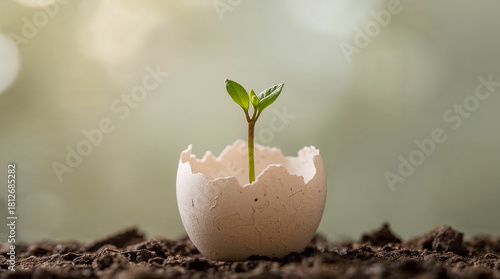 A delicate green sprout emerges from a cracked eggshell planted in rich soil, symbolizing new life and growth in a serene, blurred background.