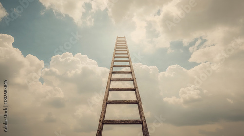 A weathered wooden ladder ascends vertically towards a bright sky filled with dramatic clouds, symbolizing aspiration and the path to success.