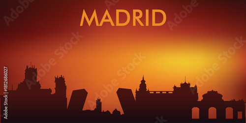 Stylized silhouette of Madrid, Spain, at sunset with a characteristic orange-red gradient sky.