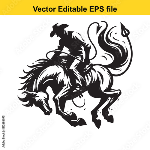 Silhouette of cowboy riding bucking wild horse isolated on