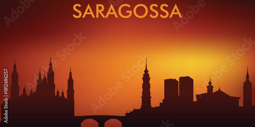 Stylized silhouette of Zaragoza (Zaragoza / Saragossa), Spain, at sunset with a characteristic orange-red gradient of the sky.