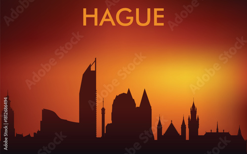 Stylized silhouette of The Hague (Den Haag) at sunset with the same orange-red gradient sky.