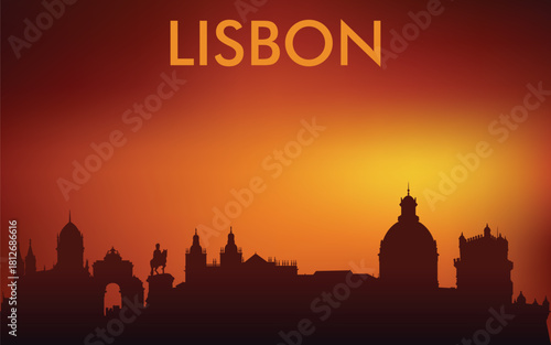 Minimalist silhouette of the Lisbon skyline (Portugal) against the backdrop of a bright sunset. The design is very popular on souvenirs, postcards, T-shirts, and tourist posters.