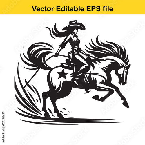 Cowgirl riding bucking horse in dynamic vector art