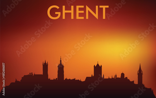 Minimalist silhouette of the Ghent skyline (Belgium) against the backdrop of a bright sunset. The design is very popular on souvenirs, postcards, T-shirts, and tourist posters.