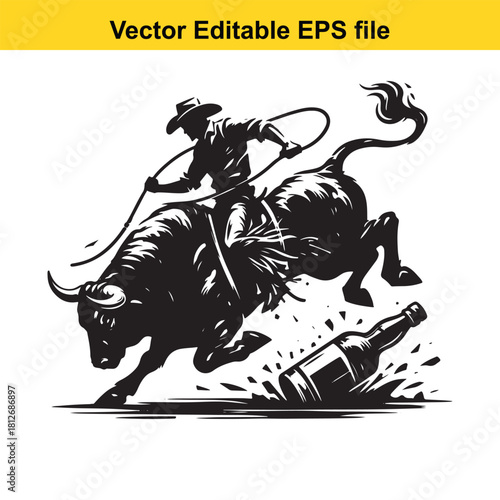 Cowboy lassoing a bull near a broken bottle