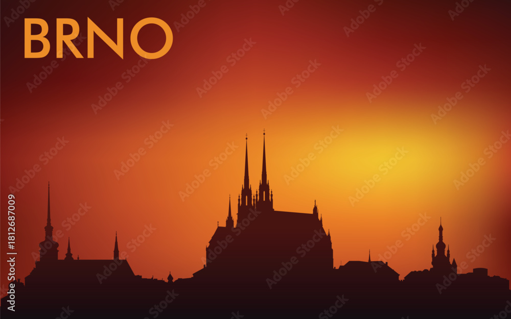 Naklejka premium Minimalist silhouette of the Brno skyline (Czech Republic) against the backdrop of a bright sunset. The design is very popular on souvenirs, postcards, T-shirts, and tourist posters.