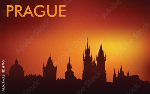Minimalist silhouette of the Prague skyline (Czech Republic) against the backdrop of a bright sunset. The design is very popular on souvenirs, postcards, T-shirts, and tourist posters.